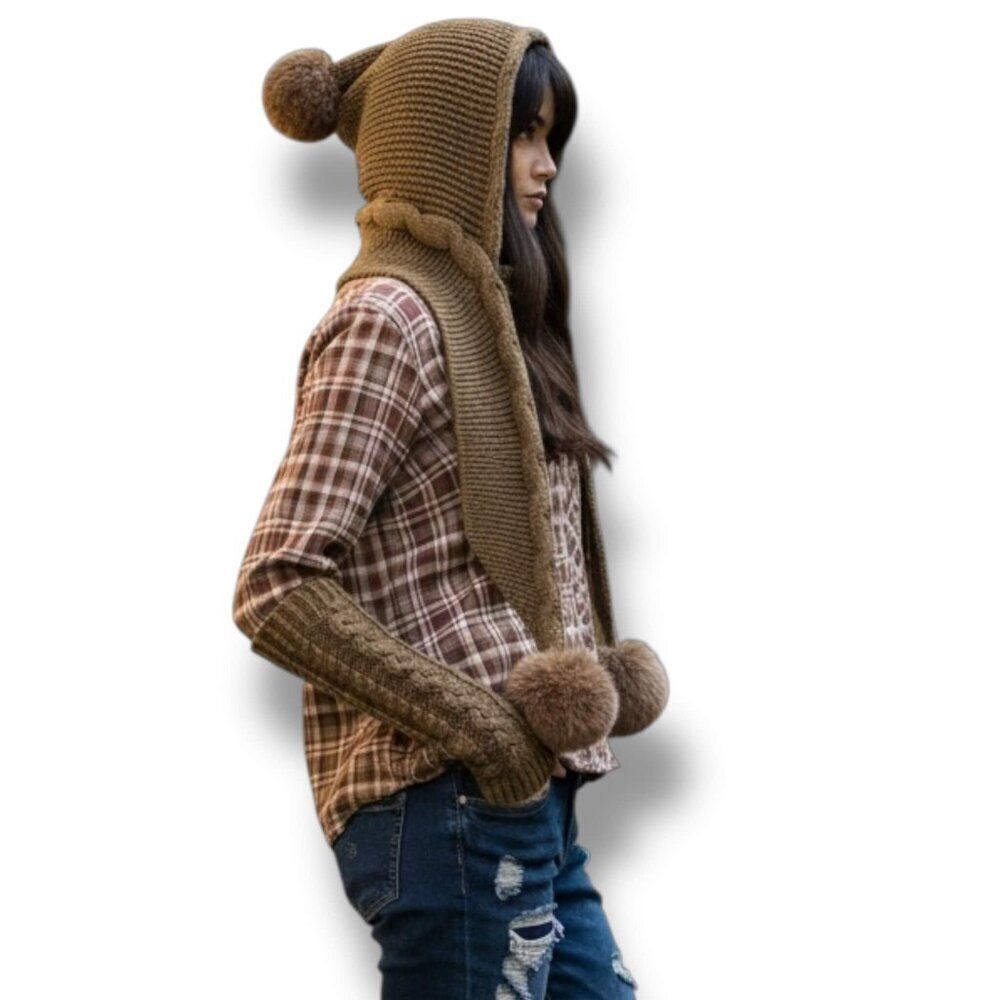 Brown Knitted Hooded Scarf Faux Fur Pom Pom Winter Beanie Scoodie NWT